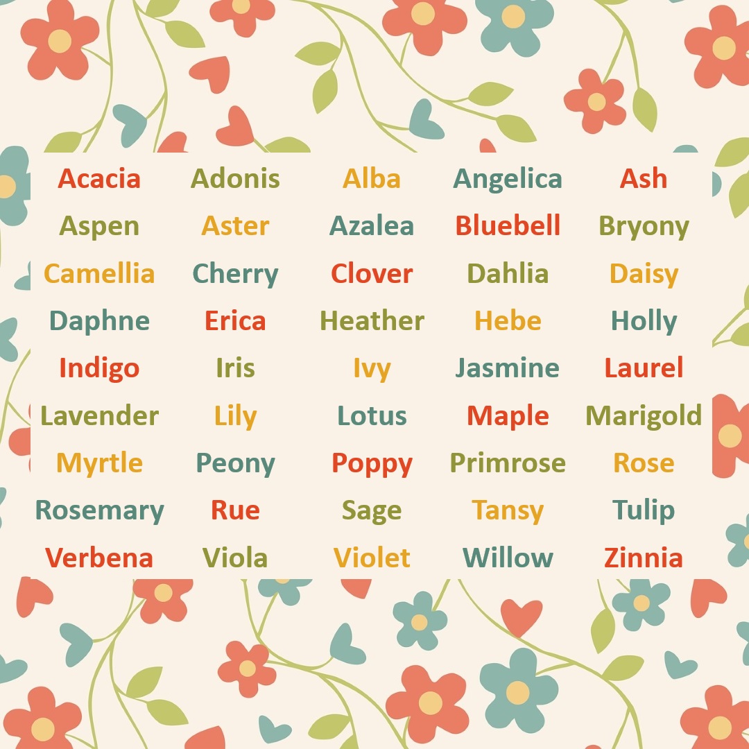 A cream background covered in red and blue flower designs; the flowers are red or blue in colour with red and blue heart shapes scattered between the green stems and leaves. In the centre of the image, there is a list of names inspired by plants. Each name is written in red, green, yellow, or blue text. The names are: Acacia, Adonis, Alba, Angelica, Ash, Aspen, Aster, Azalea, Bluebell, Bryony, Camellia, Cherry, Clover, Dahlia, Daisy, Daphne, Erica, Heather, Hebe, Holly, Indigo, Iris, Ivy, Jasmine, Laurel, Lavender, Lily, Lotus, Maple, Marigold, Myrtle, Peony, Poppy, Primrose, Rose, Rosemary, Rue, Sage, Tansy, Tulip, Verbena, Viola, Violet, Willow, and Zinnia.